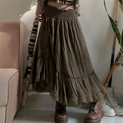 Street Retro Skirt High Waist Asymmetric Lace Stitching Casual Pleated Skirt