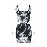 Figure Printing Spaghetti Straps Chest Wrap Hip Bag Skirt Outfit