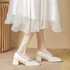 Women's Jane Square Toe Thick Bowknot High Heels