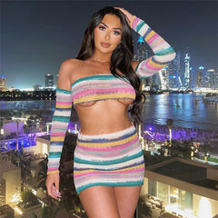 Fashionable Knitted Contrast Color Tube Top High Waist Sheath Slim Fit Skirt Set