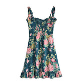 French Vintage Little Fresh Floral Print Slim Fit Stringy Selvedge Lace up Dress Short Tie Strap