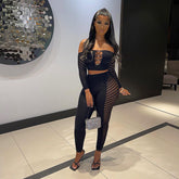 Mesh Durchsichtiges Hohl-Out-Ausschnitt Juwelenumwickelte Brust Langarm-Oberteil Hose Lässiges Set
