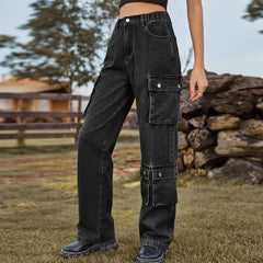 Denim Washed Multi Pocket Overalls Trousers Casual Pants