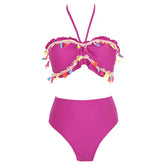Solid Color Split Swimsuit Tassel Tube Top Halter Backless Bikini