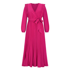V neck Swing Pleated Dress Maxi Dress