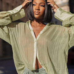 Supply Hollow Out Cutout Loose Cardigan Shirt Collar Sheer Long Sleeve Shirt