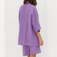 Solid Color All Match Office Collared Drop Shoulder Twet Outfit Straight Shorts Set