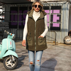 Hooded Sleeveless Zipper Mid Length Solid Color Adjustable Waist Bubble Velvet Vest