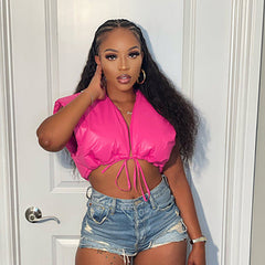 Casual Solid Color Sleeveless cropped Lace up Casual Cotton Padded Jacket Vest