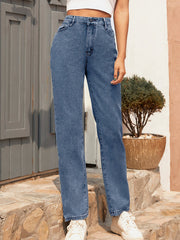Pantalon en denim délavé rétro facile à assortir, taille haute