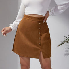 Temu Solid Color Suede Skirt High Waist Metal Buckle Hip Skirt