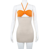 Robe tube à col licou en patchwork bicolore, robe à lacets sur les hanches