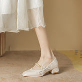 Damen Square Toe Chunky Granny Mid Bow Flach