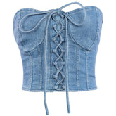 Haut tube décontracté à lacets croisés et dos en jean, vêtement d'extérieur, moulant, gilet court, fermeture éclair, poitrine enveloppée