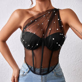 Corset en maille transparente enveloppé sur la poitrine avec anneau en acier et baleines, gilet losange à taille fine