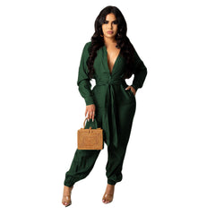 Solid Color Tied Long Sleeve Cool Jump Suit