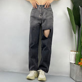 Jean déchiré à coutures dégradées de couleurs, style hipster urbain, coupe droite, pantalon large
