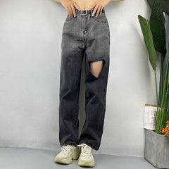Jean déchiré à coutures dégradées de couleurs, style hipster urbain, coupe droite, pantalon large