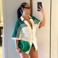 Knitted Collared Breasted Loose T shirt Striped Woolen Contrast Color Short Sleeve Large Plate Top