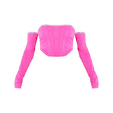 Sweet Rhinestone Strip Solid Color Slim Fit Boning Corset Sleeve Chest Wrap