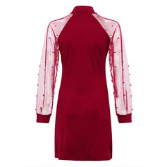 Robe de Noël courte en maille à manches longues, taille haute, ajustée et drapée sur les hanches