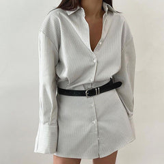 Polokragen Streifen Hemdkleid Langarm Cinched Kurzes Kleid Kleid