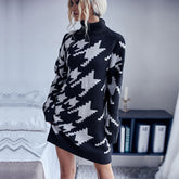 High Collar Loose Long Sleeve Houndstooth Woolen No Belted