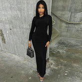 Slim Fit Hood Back Slit Solid Color Dress