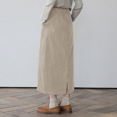 Skirt Japanese Retro Artistic Corduroy Mid Length Elastic Waist Back Slit A line Skirt