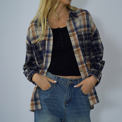 Loose Stitching Off Shoulder Plaid Long Sleeve Single Breasted T Shirt Sweater