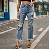 Zerrissene Slim Fit Schlankmachende Jeans mit offenem Saum und gerader Knöchellänge