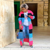 Strickjacke mit Pullovertasche in Übergröße, langärmlige Strickjacke in Kontrastfarbe