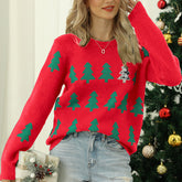 Pullover Jacquard Christmas Tree Knitted Sweater Long Sleeve Red Christmas Sweater