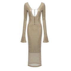 Beige Transparent Sequined V neck Backless Bell Stretch Dress Catwalk Two Way Wear