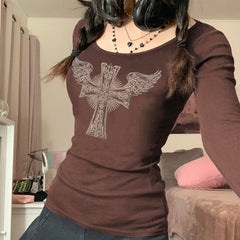 Crew Neck Long Sleeved T shirt Halloween Printed Tight Top