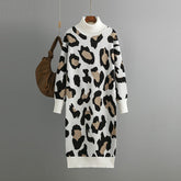 Turtleneck Base Knitted Dress Leopard Print Maxi Dress