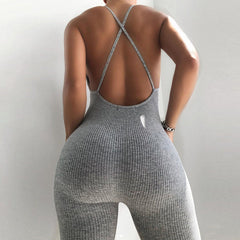 Solid Color Tight Sling Criss Cross Backless High Waist Sports Jumpsuit