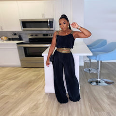 Ensemble deux pièces slim à ruban plissé assorti, couleur unie, taille haute, jambes larges