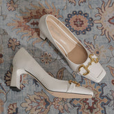 High Chunky Buckle Temperament Square Toe Heels