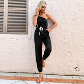 Schwarzer One-Shoulder-Jumpsuit mit Kordelzug und hoher Taille