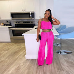 Ensemble deux pièces slim à ruban plissé assorti, couleur unie, taille haute, jambes larges