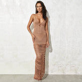Robe de plage couleur unie bretelles spaghetti tricotée ajourée cintrée gland robe mi-longue maillot de bain chemisier