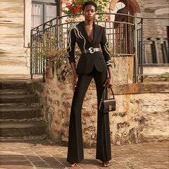 Star Socialite Colorful Crystals Rhinestone Series Belt Suit Bell Bottom Pants Suit Two Pieces