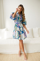 Printed Bohemian Dress Lantern Short Sleeve Belt Single Breasted A Line Dress