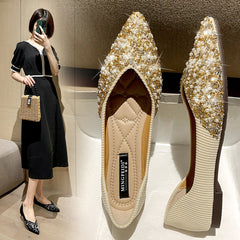 Women's Rhinestone Fairy Style Sweet Pearl Pointed Toe Shallow