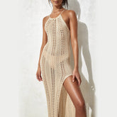 Robe de plage à bretelles, couleur unie, sans manches, en tricot, ajourée, découpée, pour les vacances