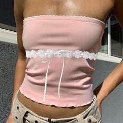 Haut tube sans manches, dos nu, coupe slim, couleur unie, dentelle