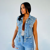 Jeansweste Trendy Perlenbesetztes Jeanstop
