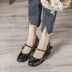 Women's Bow High Chunky Pumps Shallow Mouth Patent