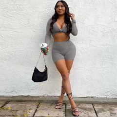 V neck Long Sleeve Top Slim Shorts Suit